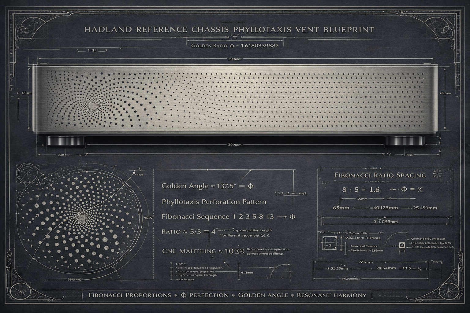 HADLAND Reference Chassis Phyllotaxis Vent Blueprint - Golden Ratio Φ = 1.6180339887, showing Fibonacci proportions, Golden Angle (137.5°), and CNC machining specifications